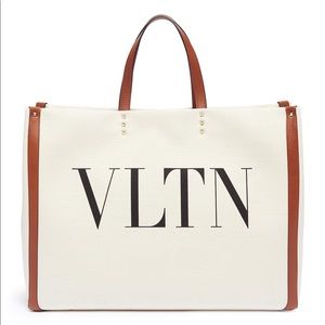 Valentino Garavani - VLTN Natural Canvas & Cognac Leather Grande Tote